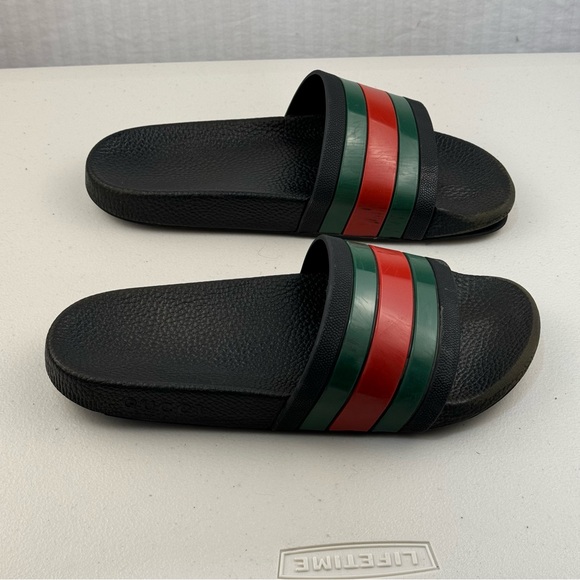 Gucci Black Slides Red Green Web Sandals Men’s Size 8 Luxury Classic Preppy - Picture 4 of 14